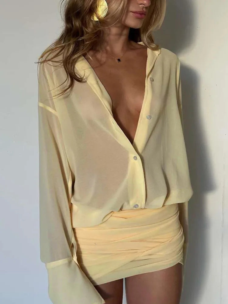Blouson Dresses - Sexy Long Sleeve Turn-down Colla Bag Hip Strap Shirt Dress For Women See Through Patchwork High Waist Dress Streetwear