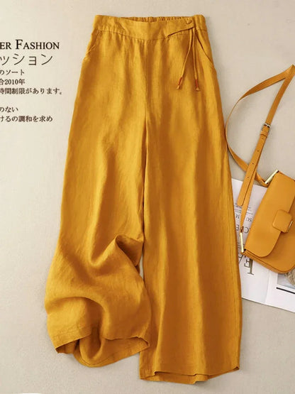 Pants - Summer Wide Leg Pants Women Elastic High Waist Cotton and Linen Casual Pants Loose Straight Yellow Women's Pants