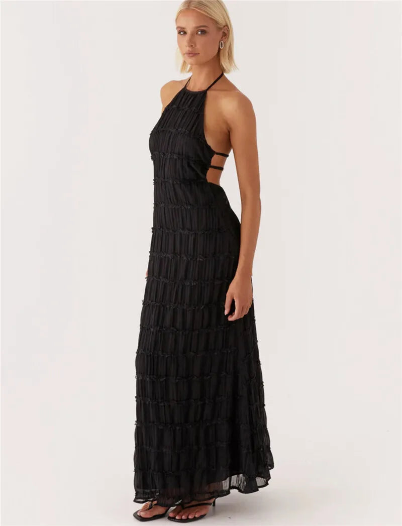 Party Dresses - Mozision Halter Backless Sexy Maxi Dress For Women Spring Summer New Lace-up Sleeveless Pleated Beach Holiday Long Dress Elegant