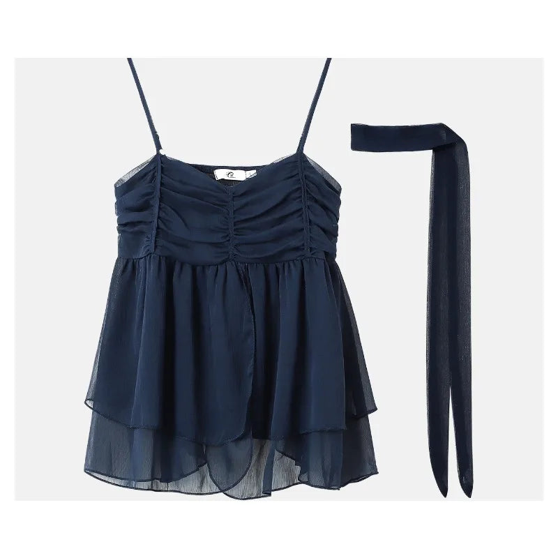 Camis - Mesh Camis Summer Off Shoulder Irregular Casual Hot Girls Camisoles Summer Solid Ruffles Sexy Vests Trendy Female Clothes Tops