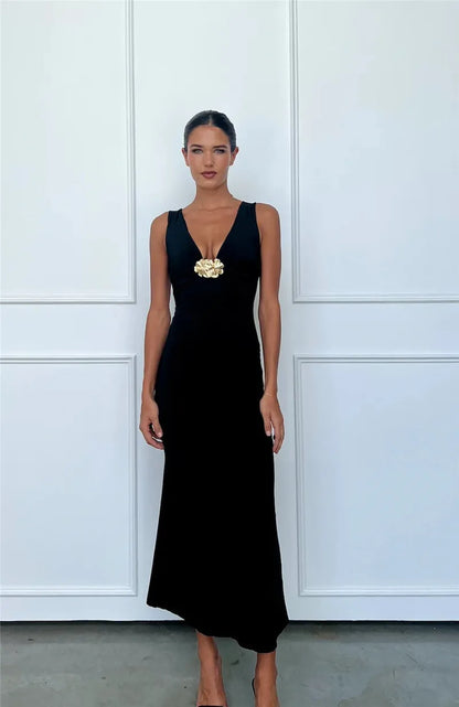 Elegant Dresses - Elegant Deep V Neck Front Gold Clasp Sexy Maxi Dress For Women Black Gown Sleeveless Slim Fit Long Tank Dress Elegant