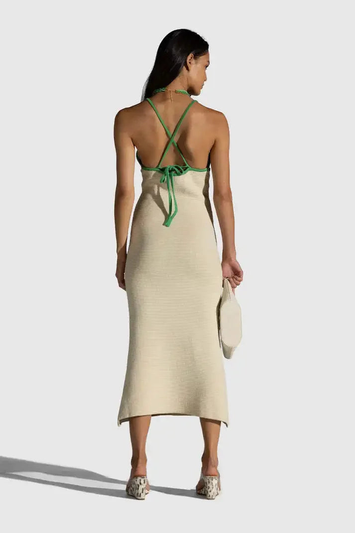 Vacation Dresses - 2024 Summer New Knitted Halterneck with Suspenders V-neck Sexy Backless Fashion Flower Print Slim Dress