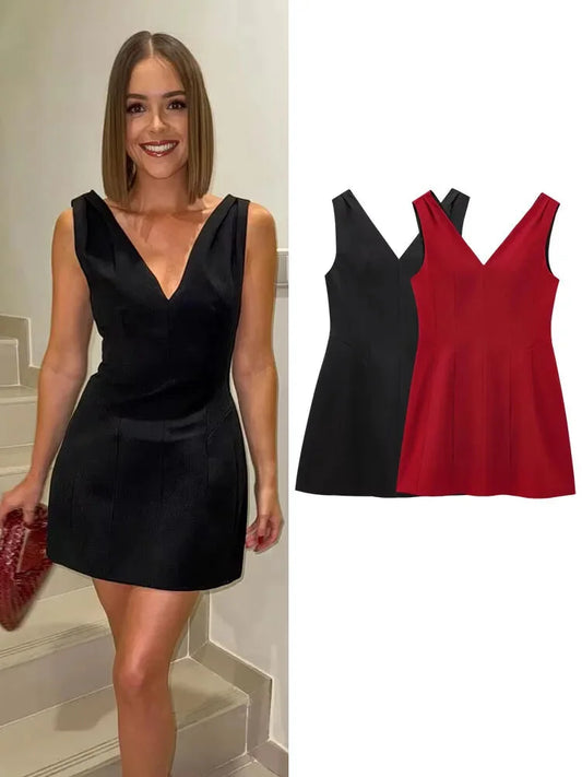 Party Dresses - Summer Women V-Neck Sleeveless Backless Decorate Zipper Mini Dress Fashion Woman Sexy Dresses Street Style Party Dress