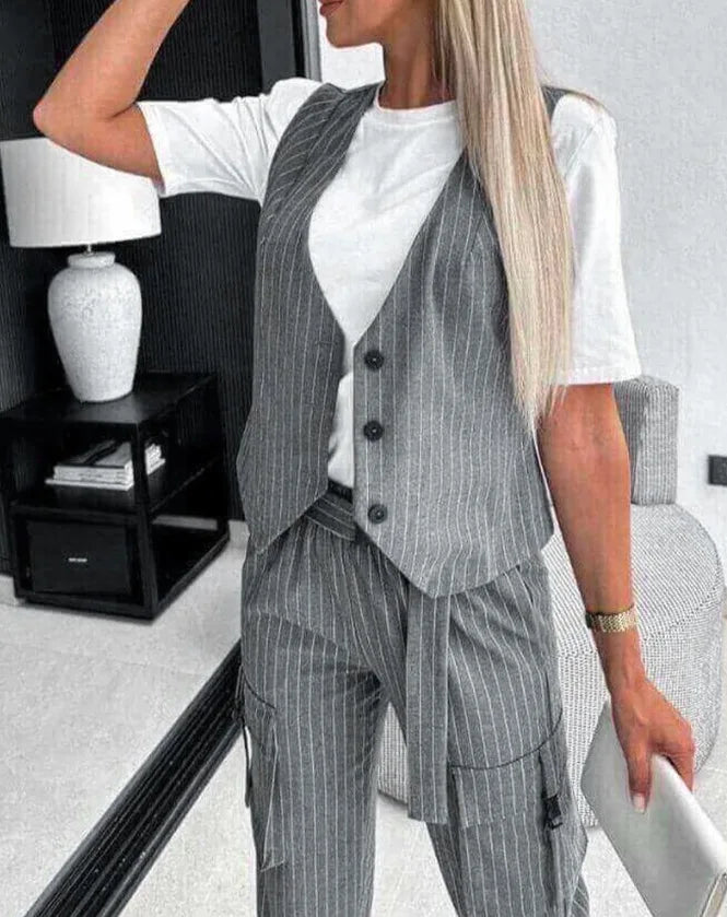 Pants Set - White Striped Vest Suit For Women Summer Casual V-neck Button Top Pocket Loose Pants Outfits Two-piece Suit For Women Elegant
