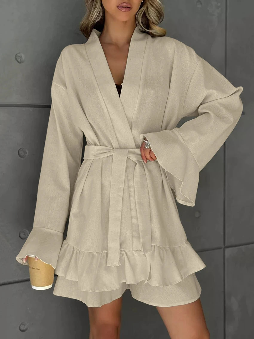 Matching Sets - Casual Female Pajama Suit Long Sleeve Sleepwear Sexy V-Neck Nightie Lace Up Pyjamas Shorts Cotton Women Nightgown Set