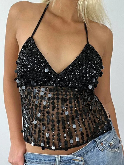 Tops - Women Y2k Sparkly Sequin Halter Beaded Camisole Cute Glitter Rhinestone Spaghetti Strap Backless Criss Cross Cami Top Blue