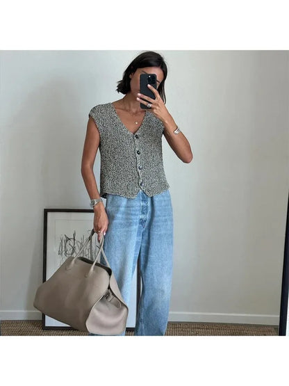 Knit Tops - Female Casual Slim Fit Sleeveless Single Breasted V Neck Crop Top Elegant Knit Vest for Women 2024 Fashion Lady Outwear