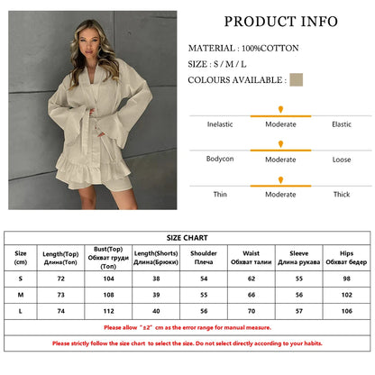 Matching Sets - Casual Female Pajama Suit Long Sleeve Sleepwear Sexy V-Neck Nightie Lace Up Pyjamas Shorts Cotton Women Nightgown Set