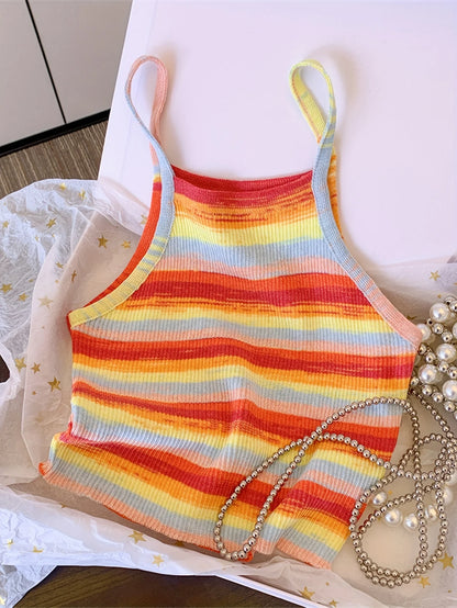 Knit Camis - 2024 Comfortable and Stylish Striped Ribbed Knit Cami Top for Women Sleeveless Square Neck Casual Top Rainbow Crop Top
