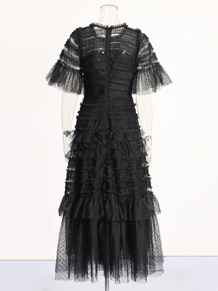 Elegant Dresses - Solid Dresses For Women O Neck Short Sleeve High Waist Spliced Folds Temperament Chic Dress Female Fashion Clothes