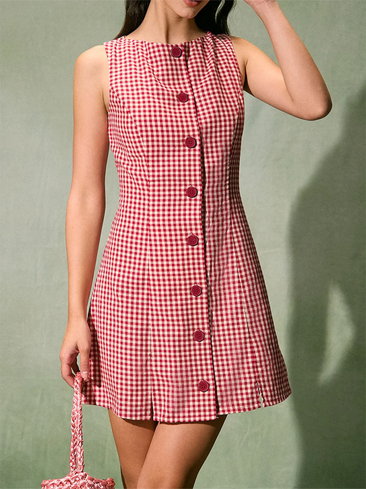 Casual Dresses - New Women Summer Mini Plaid Tank Dress Sleeveless Round Neck Button Up Cocktail Dress Club Street Style S M L