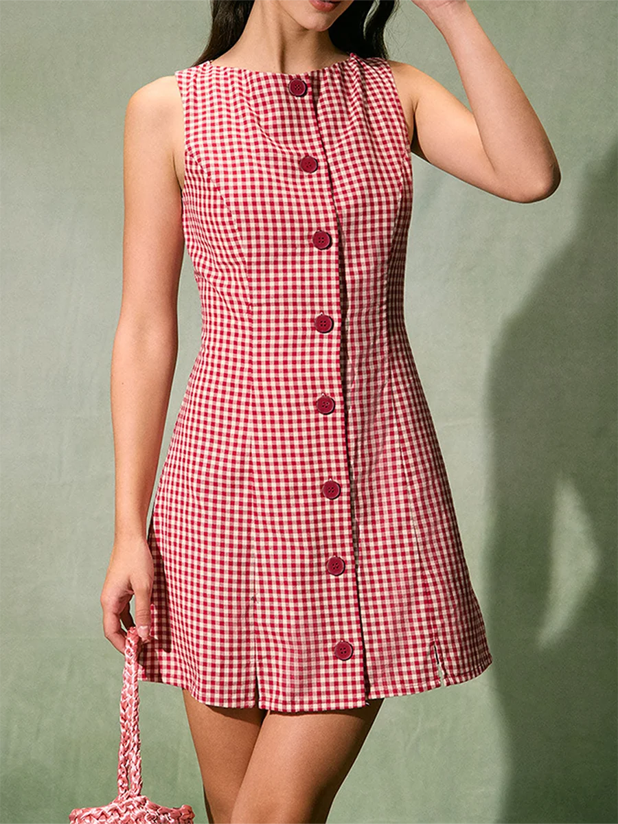 Casual Dresses - New Women Summer Mini Plaid Tank Dress Sleeveless Round Neck Button Up Cocktail Dress Club Street Style S M L