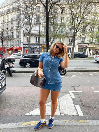 Skirt Sets - Retro Denim Slim Shirt Mini Skirt Woman's Set Classic Lapel Waist-cinching Short Sleeve Jackets A-lined Skirts Sets Female Chic