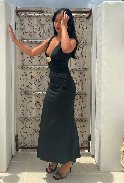 Elegant Dresses - Elegant Deep V Neck Front Gold Clasp Sexy Maxi Dress For Women Black Gown Sleeveless Slim Fit Long Tank Dress Elegant