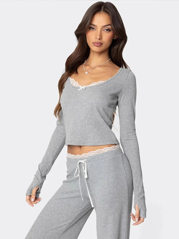Loungewear - Women Lace Top Pant Suit Casual Bow Lace Up Patchwork Blouse Loose Elastic Waist Trouser Female Sets 2025 Spring Lady Streetwear