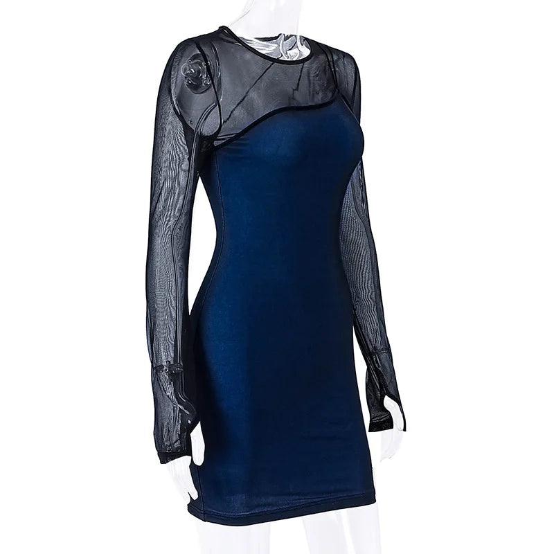 Vintage Mesh Sheer Long Sleeve Sexy Mini Dress Party Elegant Fashion Club Outfits for Women Spring Bodycon Dresses