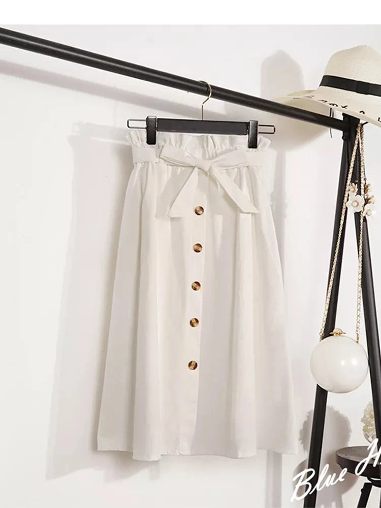 Midi Skirts - Summer Autumn Skirts Womens Midi Knee Length Korean Elegant Button High Waist Skirt Female Pleated School Skirt