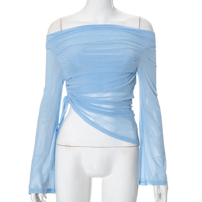 Mesh Tops - Solid Color Long-Sleeve One-Shoulder Sexy Mesh Top See Through Shrunk Pleated Sexy Women T Shirt Casaul Wear Autumn