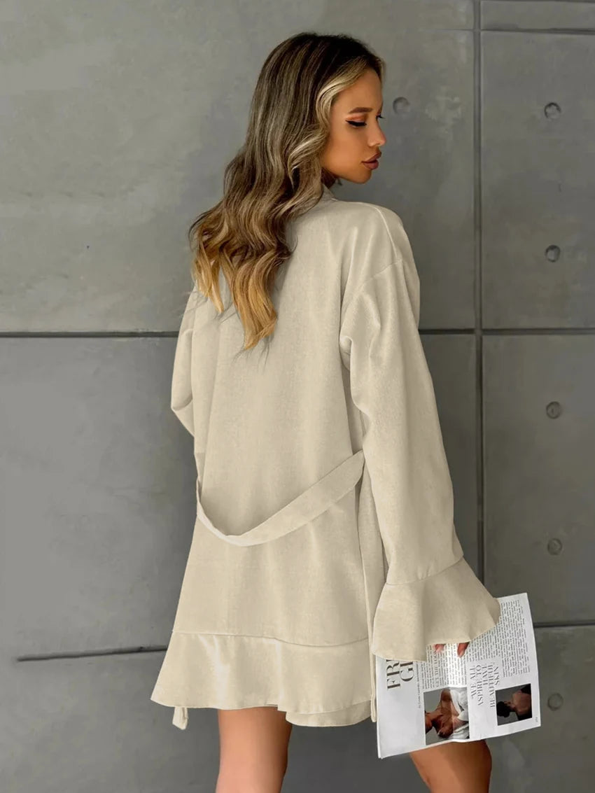 Matching Sets - Casual Female Pajama Suit Long Sleeve Sleepwear Sexy V-Neck Nightie Lace Up Pyjamas Shorts Cotton Women Nightgown Set