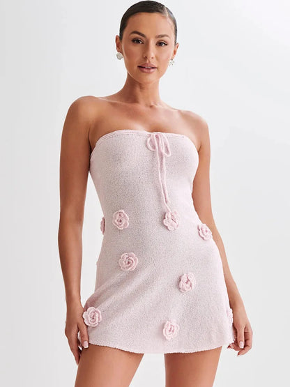 Casual Dresses - Elegant Sleeveless Lace Up Pink Mini Dress Women New Fashion 3d Flower Backless Sexy A-Line Short Dresses Bodycon Birthday Party