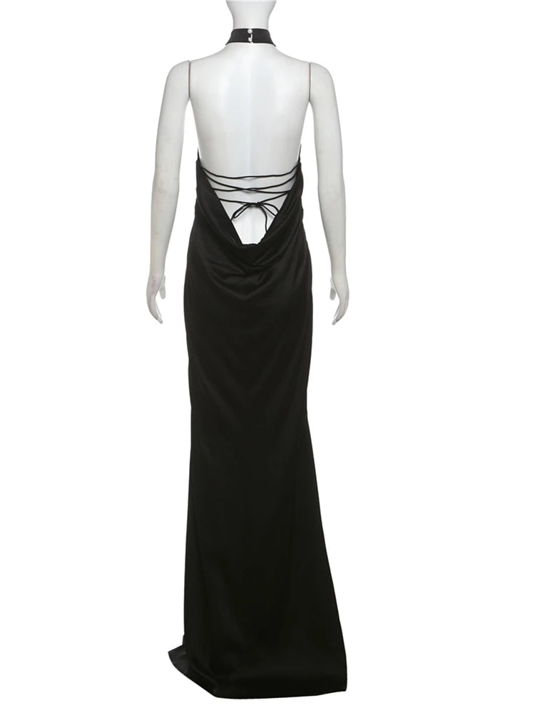 Elegant Dresses - Halter Dress Women Smooth Backless Satin Silky Summer Trend Birthday Banquet Party Elegant Sleeveless Skinny Maxi Bodycon