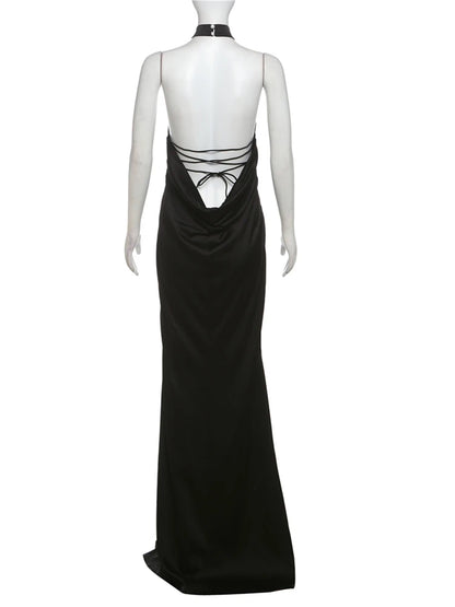 Elegant Dresses - Halter Dress Women Smooth Backless Satin Silky Summer Trend Birthday Banquet Party Elegant Sleeveless Skinny Maxi Bodycon