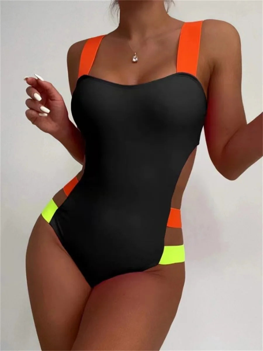 One Piece Swimsuit - Sexy Black Contrast One Piece Swimsuit 2025 Women Neon Strap Hollow Out Backless Monokini Summer Bathing Suit Patchwork Swimwear