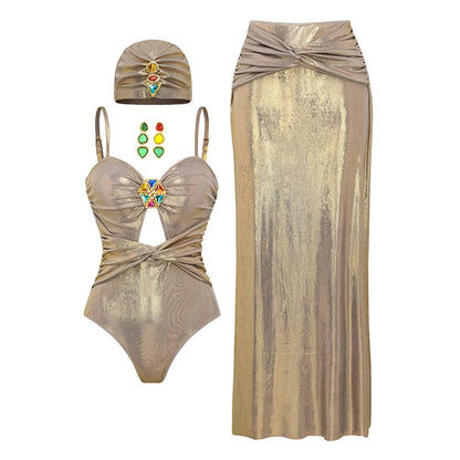 Metallic Swimwear - 2Pcs Hollow Swimsuit Women Sexy Swimwear 2025 New Bikini With Skirt Female Biquini Push Up Swim Suit Bodysuit Beachwear Cover Up