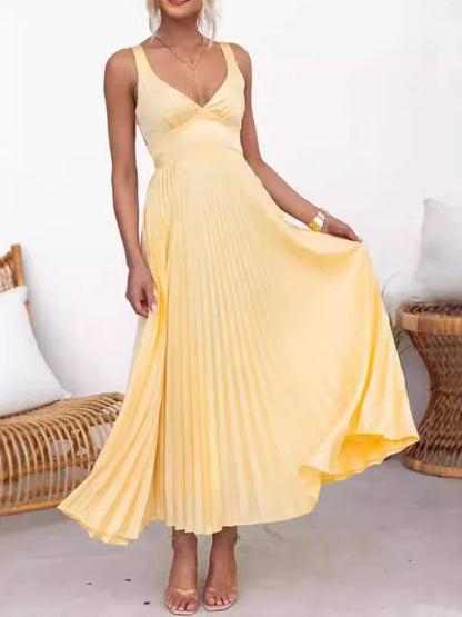 Elegant Dresses - Summer Fashion New Style Women's Elegant Strap Fold Style Loose Solid Color Vacation Style Banquet Style Women's Long Dress