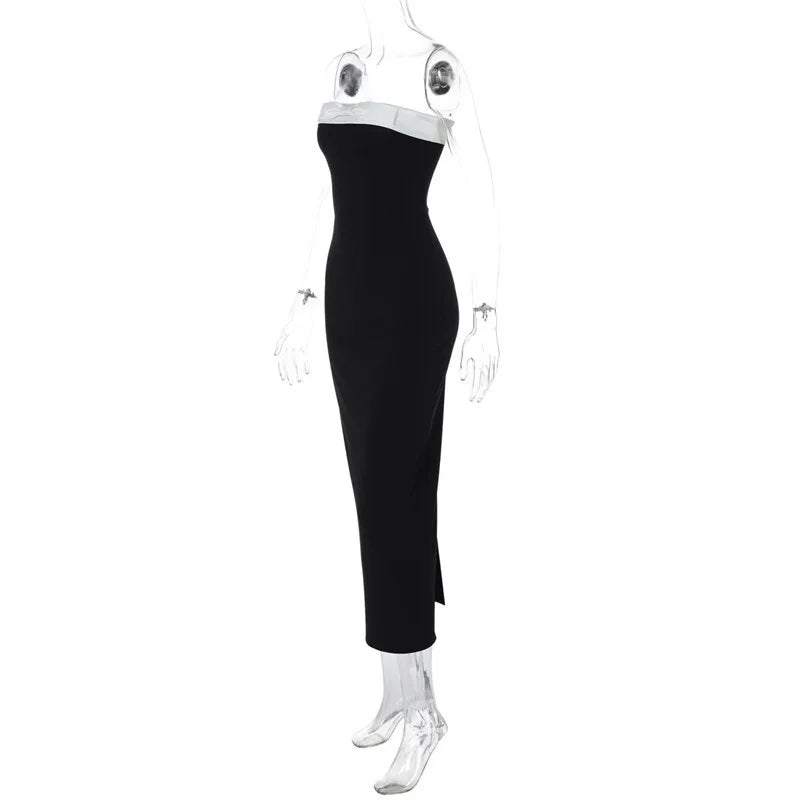 Tube Dresses - Off-shoulder Strapless Backless Sexy Maxi Dress For Women Patchwork Sleeveless High Waist Bodycon Split Long Dress