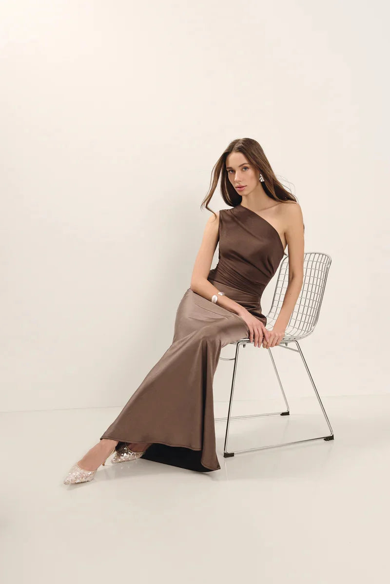 Elegant Dresses - Satin Inclined Shoulder Sexy Maxi Dress Women Fashion Patchwork Sleeveless Backless Bodycon Evening Club Party Dress