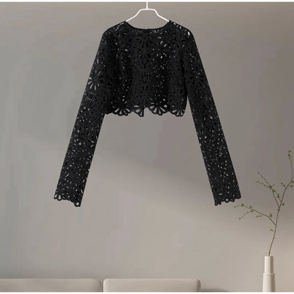 Matching Sets - Elegant See Through Crochet Top Women Set Hallow Out Flare Long Sleeve Top Slim Empire Hip Package Skirts 2025 Summer Lady Set