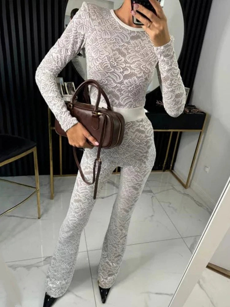 Jumpsuits - Mozision Lace Print Long Sleeve Jumpsuits Women Overalls Fashion Autumn Winter New Two Layer O Neck Slim Fit Sexy Jumpsuits