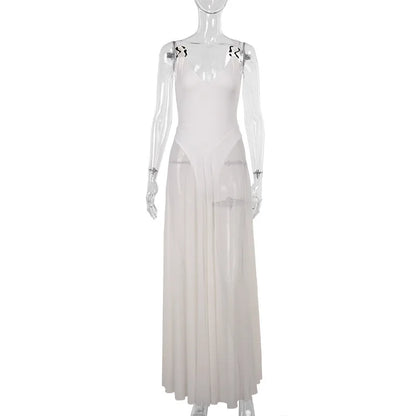 See-through Dresses - White Mesh Pleated Evening Club Party Dress Women Robes Backless Elegant Sexy Dress Bodycon Long Summer Dress Vestidos
