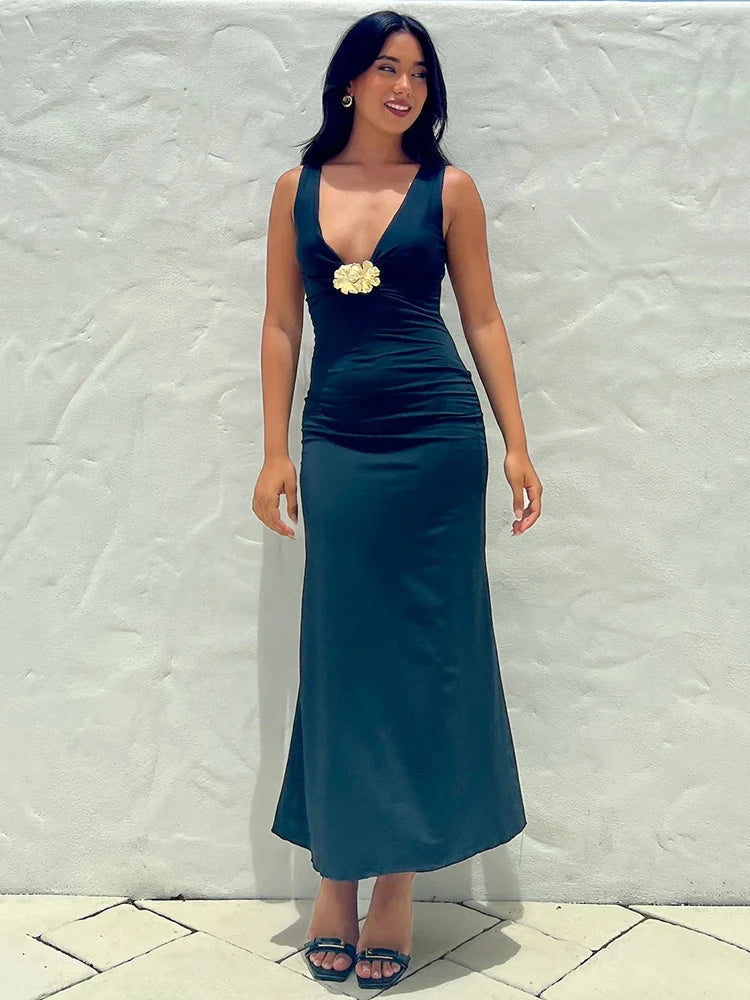 Elegant Dresses - Elegant Deep V Neck Front Gold Clasp Sexy Maxi Dress For Women Black Gown Sleeveless Slim Fit Long Tank Dress Elegant