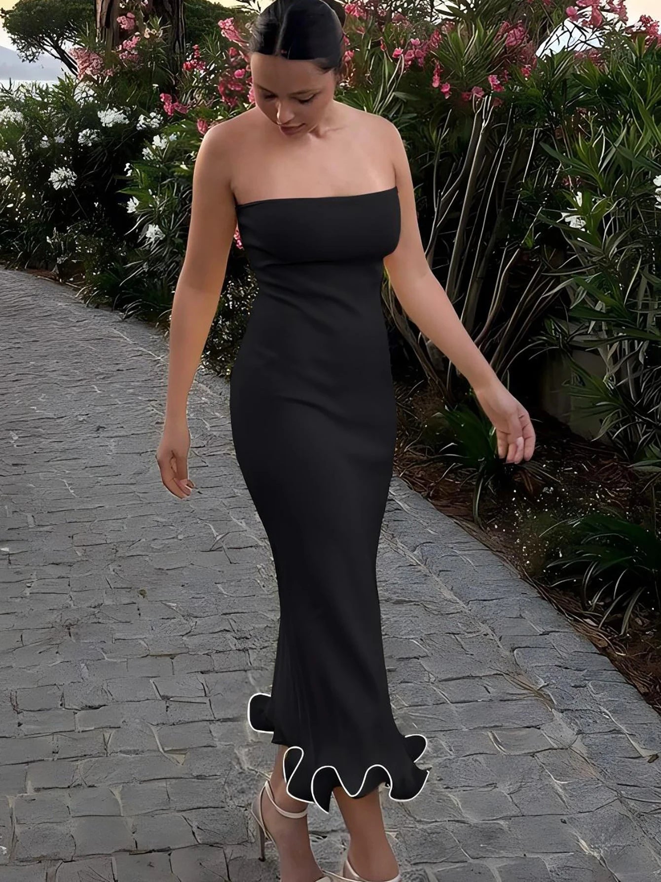 Tube Dresses - Sleeveless Ruffles Patchwork Strapless Bodycon Midi Dress Women'S Solid Sexy Outfit Party Clubwear For Autumn Winter