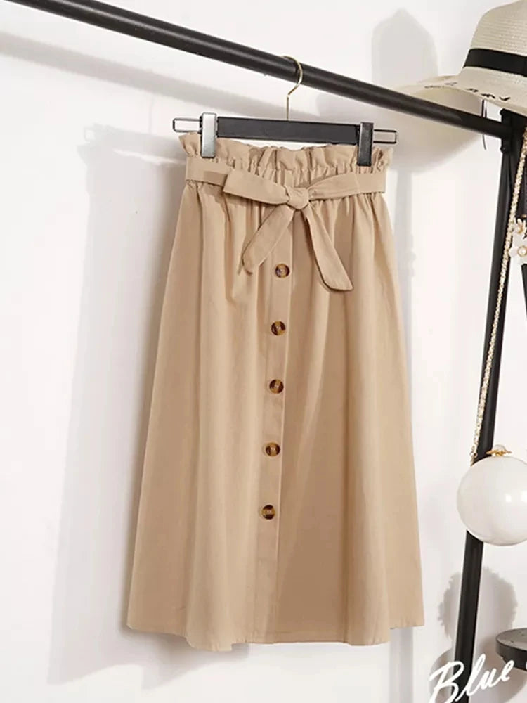 Midi Skirts - Summer Autumn Skirts Womens Midi Knee Length Korean Elegant Button High Waist Skirt Female Pleated School Skirt