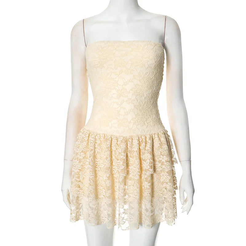 Tube Dresses - Off-shoulder Strapless Sexy Mini Dress For Women Elegant Lace Sleeveless Backless High Waist Pleated Cake Dress