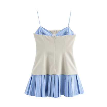 Cami Dresses - Women Stripe Splicing Short Dress Summer Sexy Sleeveless Party Mini Dress Female Single-Breasted Slim Pleated Sling Dress