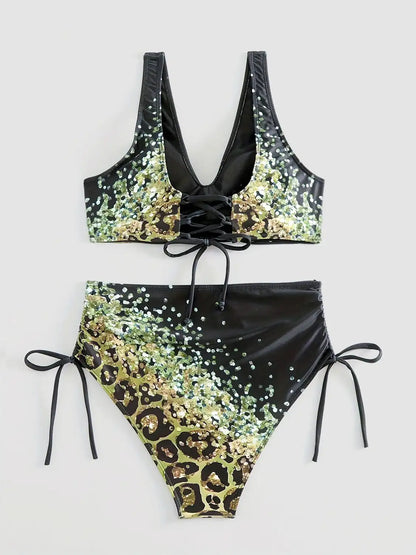 Swimwear - 2024 Drawstring V Neck High Waist Bikini Women Printed Swimwear Female Swimsuit Bathers Bathing Swimming Suit Beachwear Summer