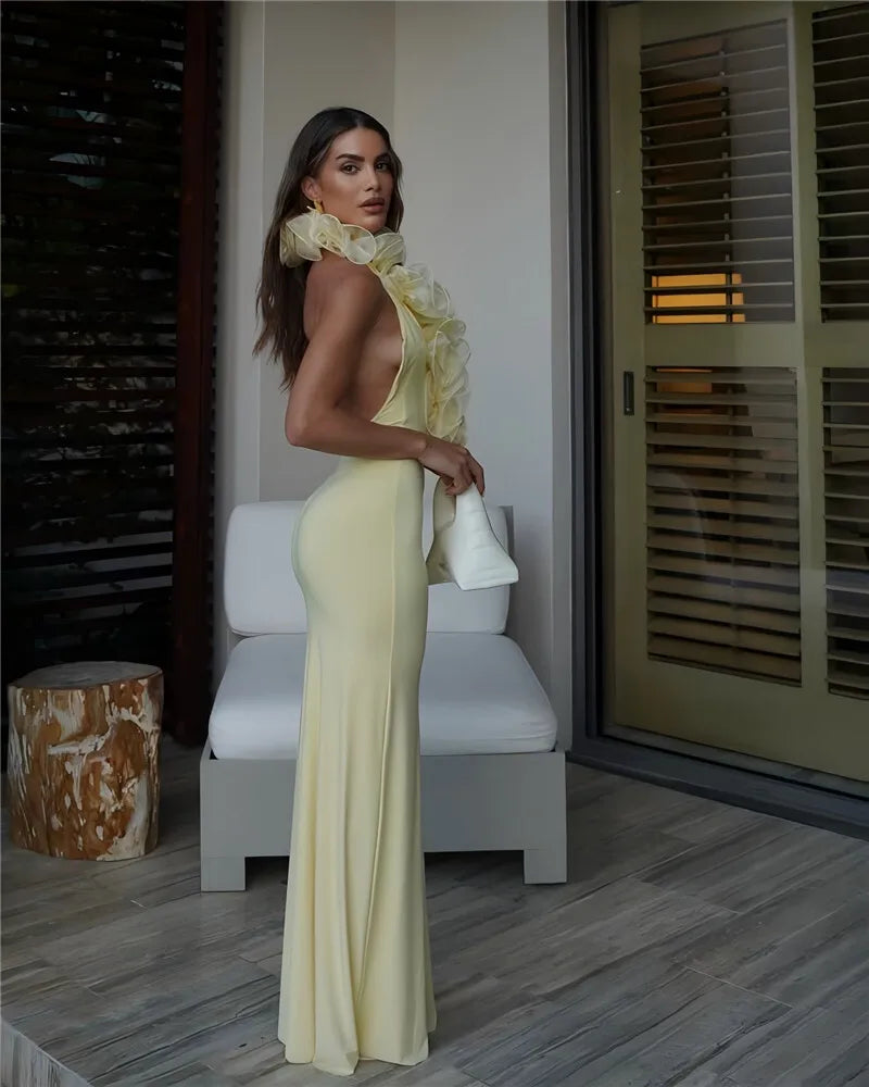 Mozision Mesh Rose Deep V Neck Sexy Maxi Dress For Women Gown Elegant Halter Sleeveless Backless Bodycon Club Party Long Dress