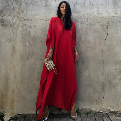 Kaftans - Women's Clothing Swimwears Solid Color Cover Up V Neck Batwing Sleeve Plus Size Beach Kaftan Dresses