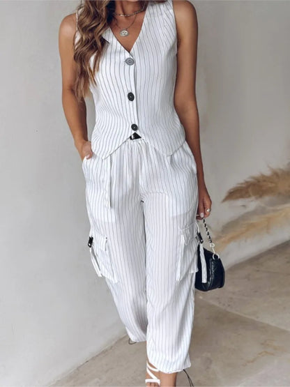 Pants Set - White Striped Vest Suit For Women Summer Casual V-neck Button Top Pocket Loose Pants Outfits Two-piece Suit For Women Elegant