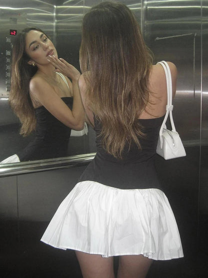 Mini Dresses - Black White Patchwork Dress Women Chest Wrap Backless Ruffles 2025 Y2K Sweet Girl Trend Chic Streetwear Mini Bodycon