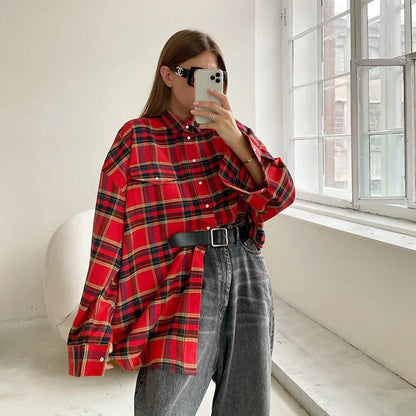 Plaid Shirt For Women, Red Bright Grid, Oversized Blouse, Leisure And Fashionable Top, Spring And Autumn Seasons
