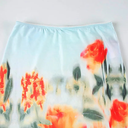 Skirt Sets - Print Floral Two Piece Sets Women Skirt Suit Spaghetti Strap Top Mini Skirt Sets Spring Slim Elegant Party Beachwear