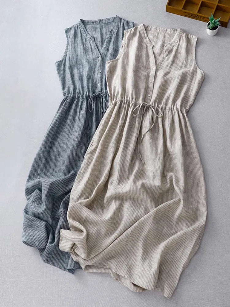 Casual Dresses - Cotton Sleeveless Dresses for Women 2025 New Summer Elegant Drawstring Tank Dress Casual Loose Vintage Stripe Female Midi Dress