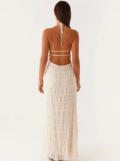 Party Dresses - Mozision Halter Backless Sexy Maxi Dress For Women Spring Summer New Lace-up Sleeveless Pleated Beach Holiday Long Dress Elegant