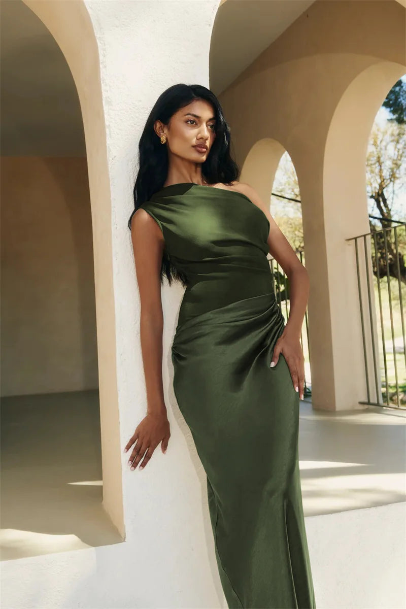 Elegant Dresses - Satin Inclined Shoulder Sexy Maxi Dress Women Fashion Patchwork Sleeveless Backless Bodycon Evening Club Party Dress