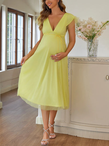 Maternity Dresses - Double Layer Solid Mesh Maternity Dress V Neck Backless Ruffle Photography Props Dresses Loose Pregnant Women Clothing
